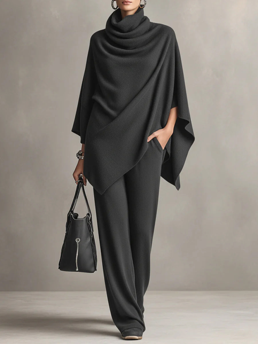 Women’s Cloak-Style Cape Top and Wide-Leg Pants Set | Elegant 2-Piece Formal Suite | Sophisticated Cape Sleeve Evening Outfit | Modern High-Sense Party Co-ord Set | 2026 Luxury Occasion Wear