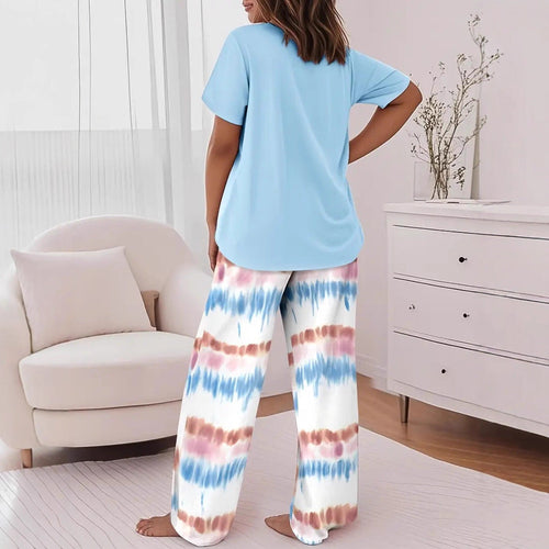 Casual Striped Print Two-Piece Set | Crew Neck Short Sleeve Top & Wide-Leg Pants Trouser Suit | Versatile Summer Loungewear & Streetwear Set for Women