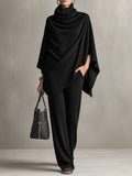 Women’s Cloak-Style Cape Top and Wide-Leg Pants Set | Elegant 2-Piece Formal Suite | Sophisticated Cape Sleeve Evening Outfit | Modern High-Sense Party Co-ord Set | 2026 Luxury Occasion Wear