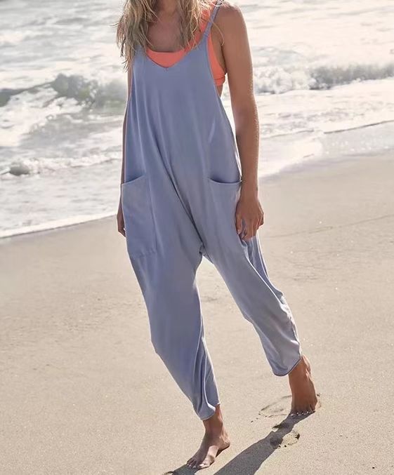Summer Loose Sleeveless Jumpsuit | High-Sense Spaghetti Strap Long Pant Romper | Trendy Minimalist Wide-Leg Jumpsuit with Pockets & Zipper | Luxury-Label Statuesque Radiant Apparel | 2026 High-Fashion Emerald-Luxe Essential