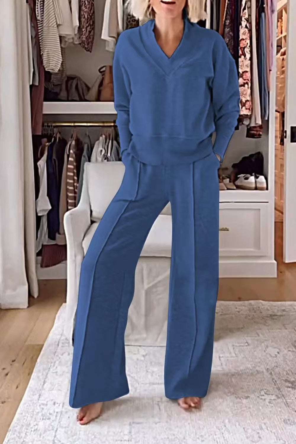 Women's Pullover Suit Casual Collared Long-Sleeved V-neck Top And Loose Straight-Leg Pants Fashion Sweatshirt Sport Trousers Set